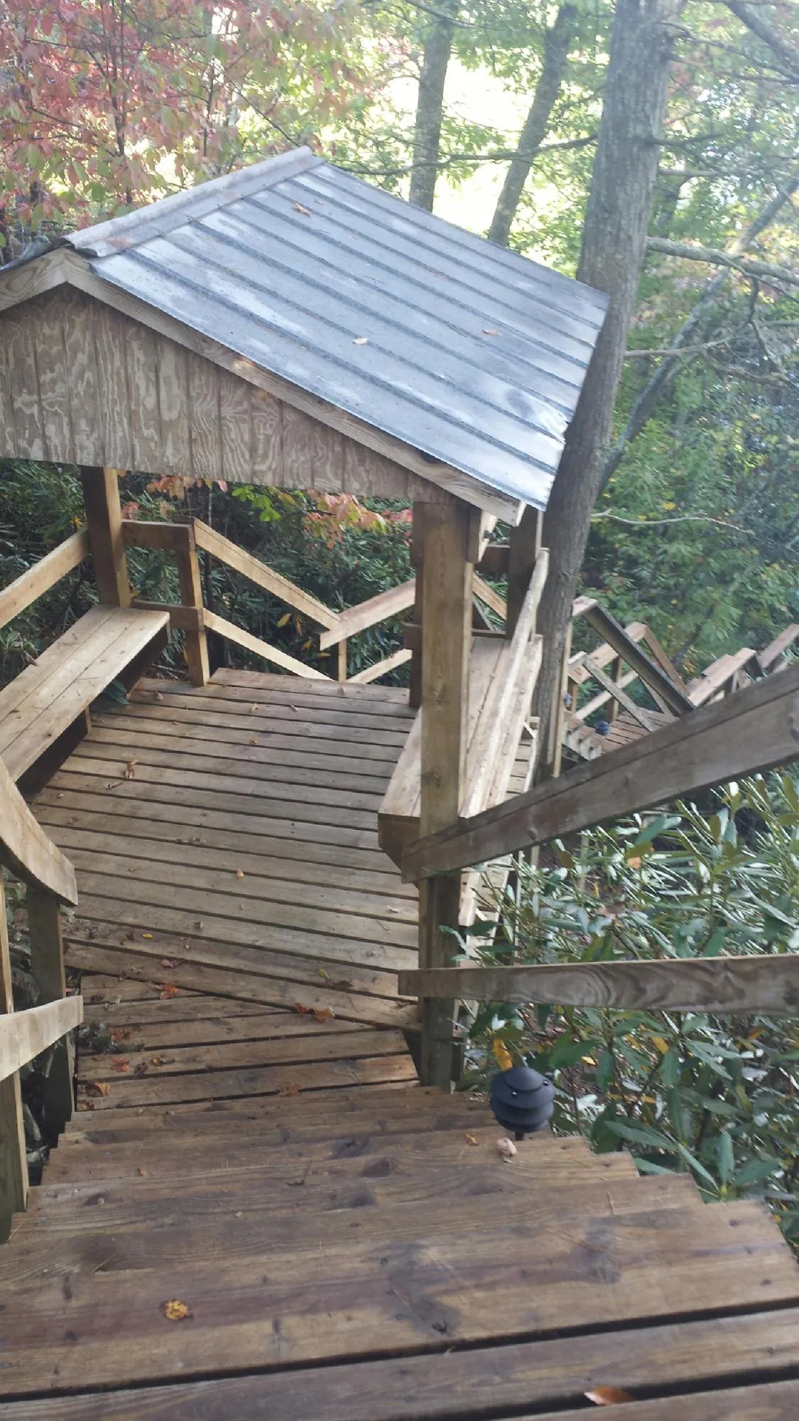 Metal roofed shelter over wooden steps on a wooded walkway — Skylight Repair & Installation work by our crew in Furman